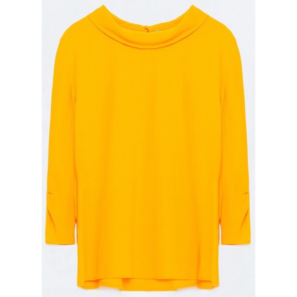 Bold Tumeric Retro Demure Rolled Neckline 3/4 Top